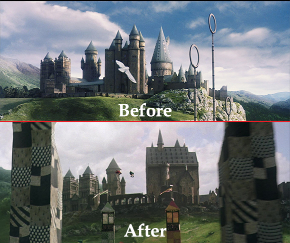 How were the Hogwarts castle and grounds realized in the Harry Potter movies? 2