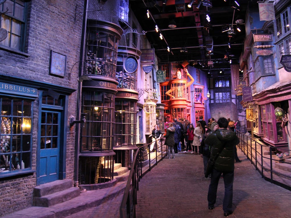 How were the magical locations like Diagon Alley and Hogwarts brought to life in the Harry Potter movies? 2
