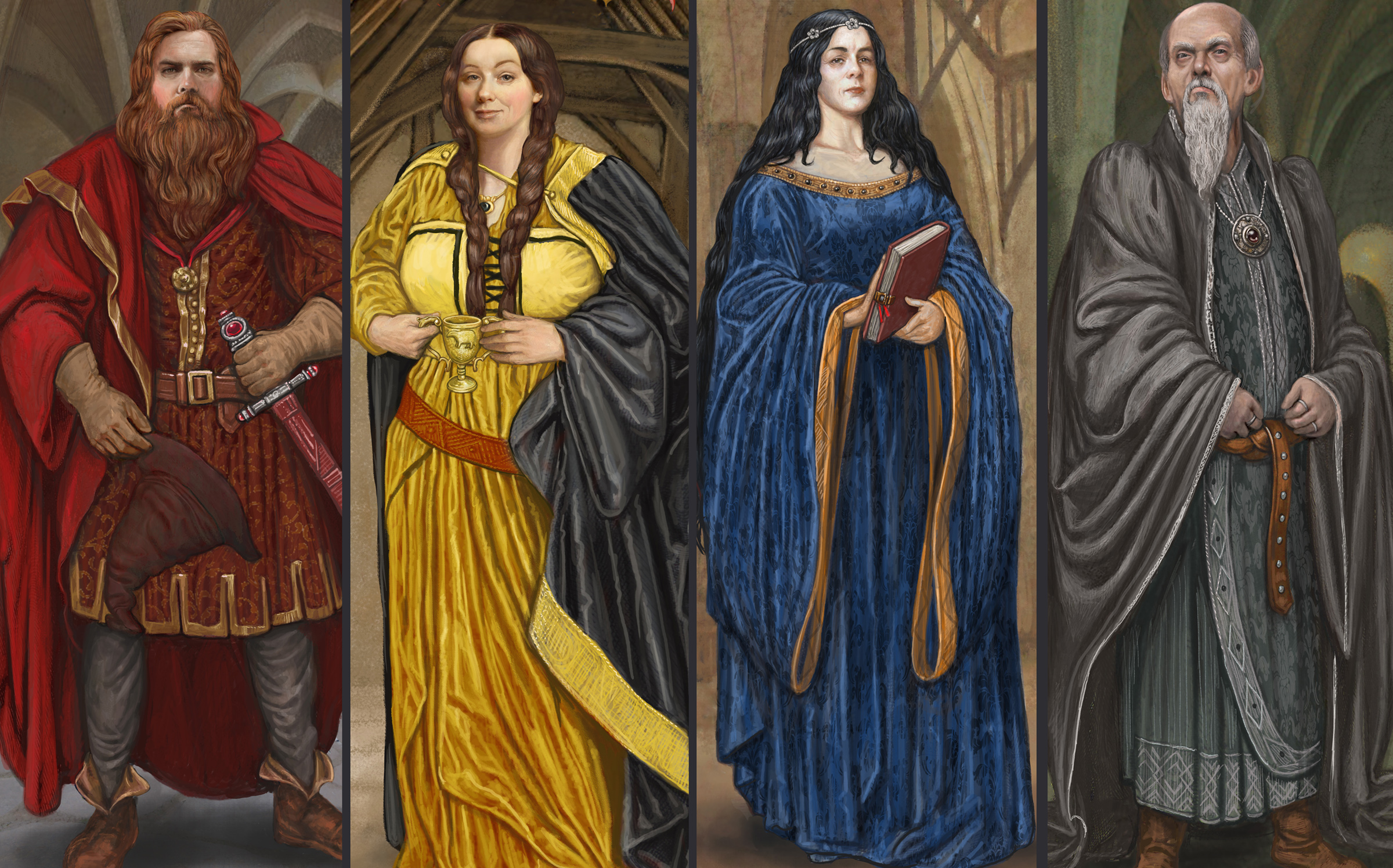 The Founders of Hogwarts: Godric Gryffindor, Helga Hufflepuff, Rowena Ravenclaw, and Salazar Slytherin 2