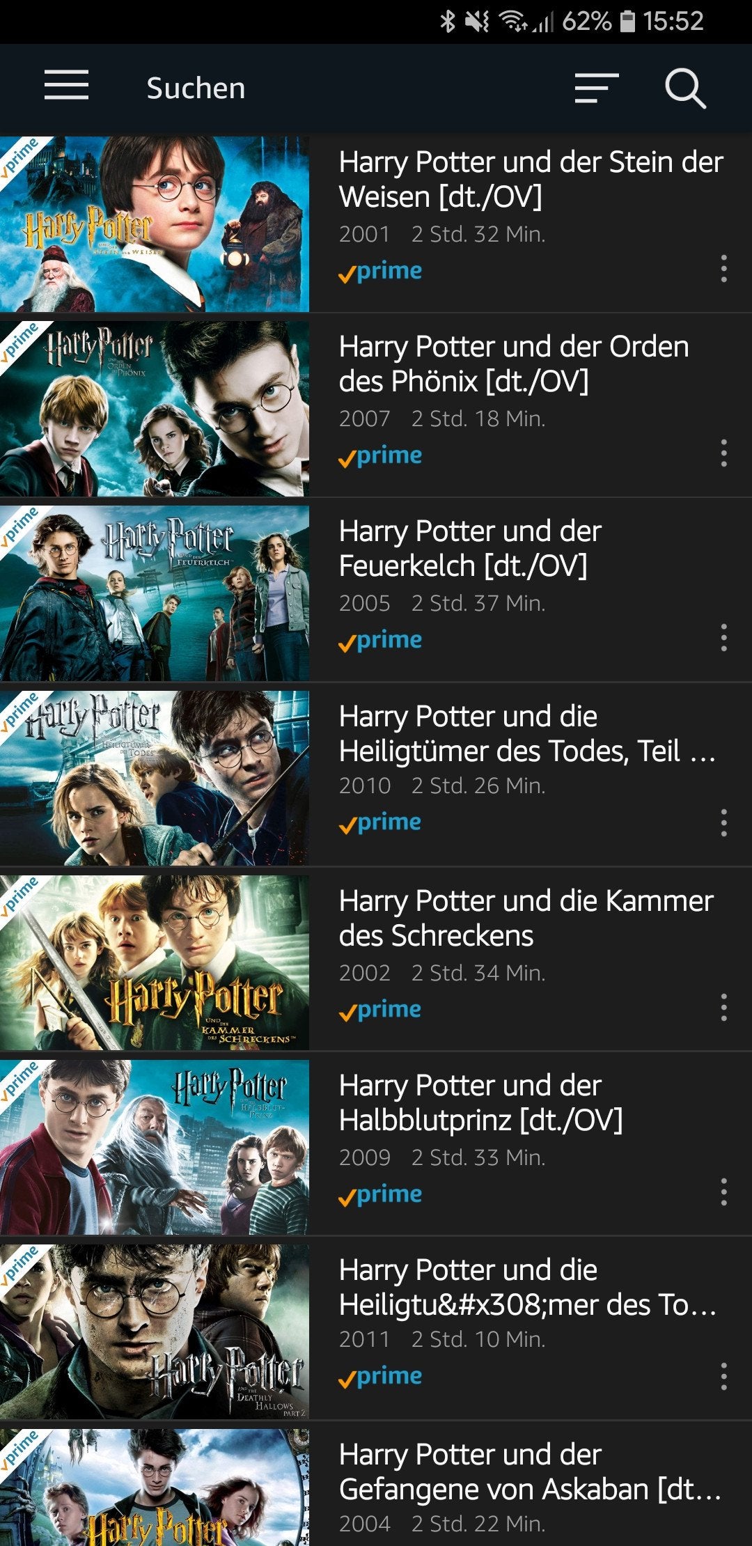 Are the Harry Potter movies available on Prime Video?
